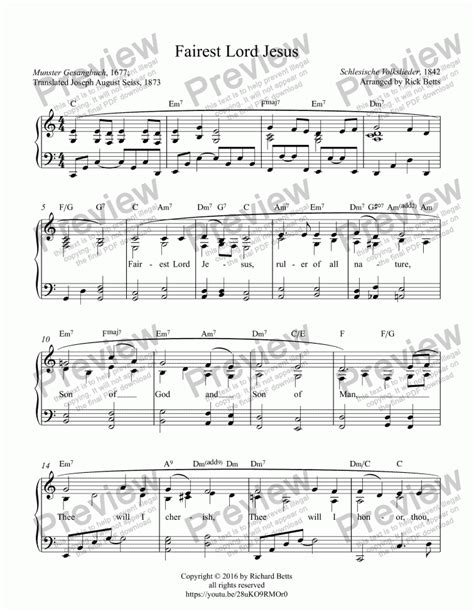 Fairest Lord Jesus Hymn Intermediate Piano Sheet Music Solo